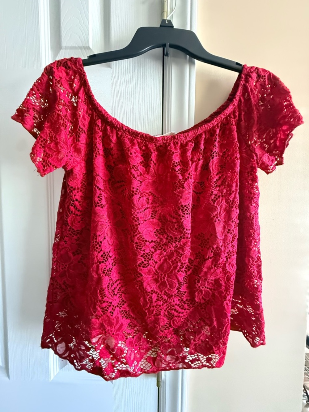Mind Code Red Lace Off-the-Shoulder Blouse